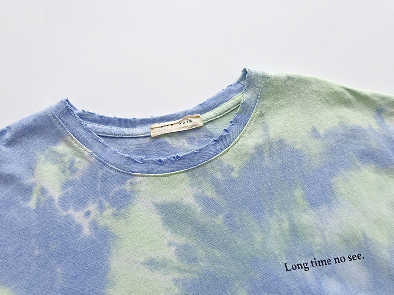 Washed and worn tie-dyed short sleeves