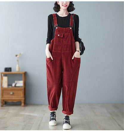 Women's Wide Leg Suspender Washed Corduroy Overalls