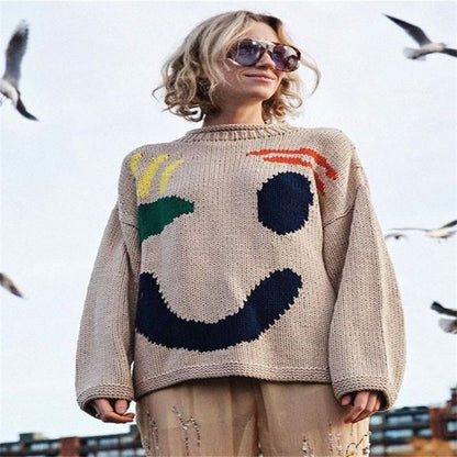 Suéter de punto con carita sonriente de Navidad para mujer, manga larga, cuello redondo, hilo teñido, estampado para mujer