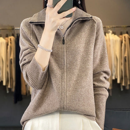 Cárdigan de punto de lana con cuello alto para mujer, nuevo otoño-invierno