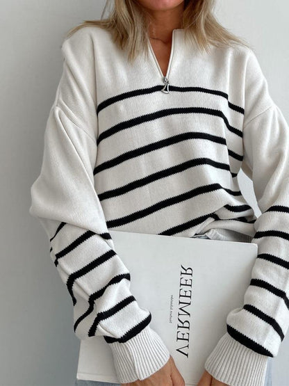 Zipped Round Neck Striped Sweater Women Loose Plus Size Knitwear