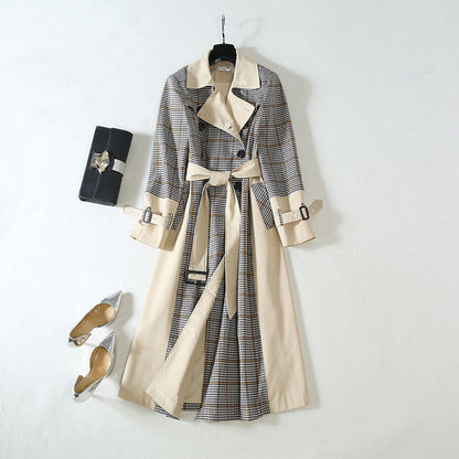 Checked stitching lace-up waist long trench coat