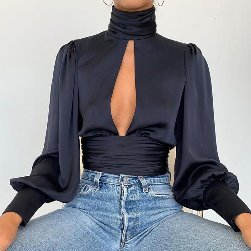 Turtleneck satin ladies shirt