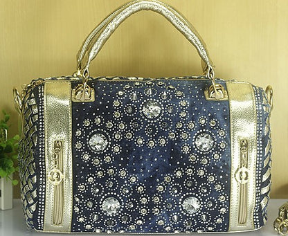 Denim Tasche Leinwand Gürtel Strass Geflochtene Nieten Runde Eimer Crossbody Schulter