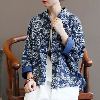 Cotton And Linen Jacket Women's Ethnic Blue Calico Cardigan