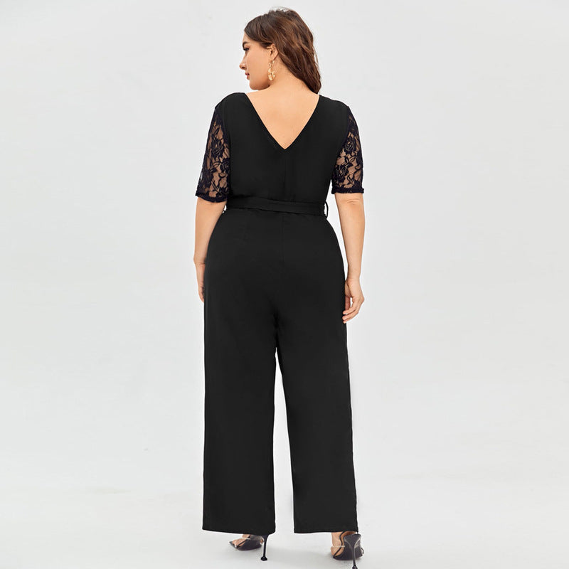 Women's Deep V Neck Lace Short Sleeve Plus Size Jumpsuit