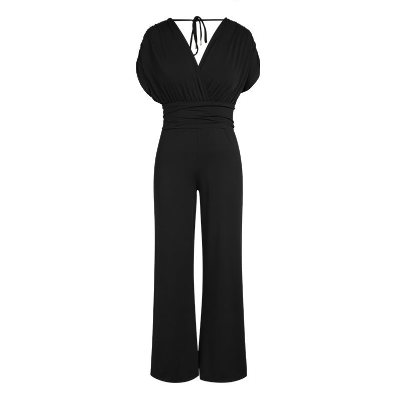 Einfarbiger, lockerer Jumpsuit mit weitem Bein und V-Ausschnitt, Taillenbesatz für Damen