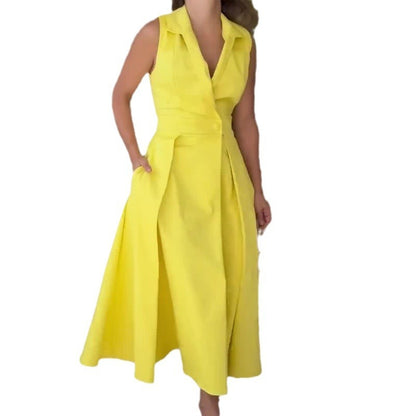 V-neck Sleeveless Solid Color Polo Collar Long Long Dress