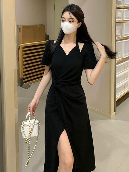 Women's French Style V-neck Slit Dress