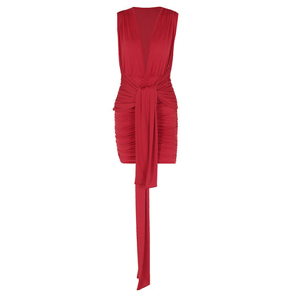 V-neck Pleated Strap Sheath Dress