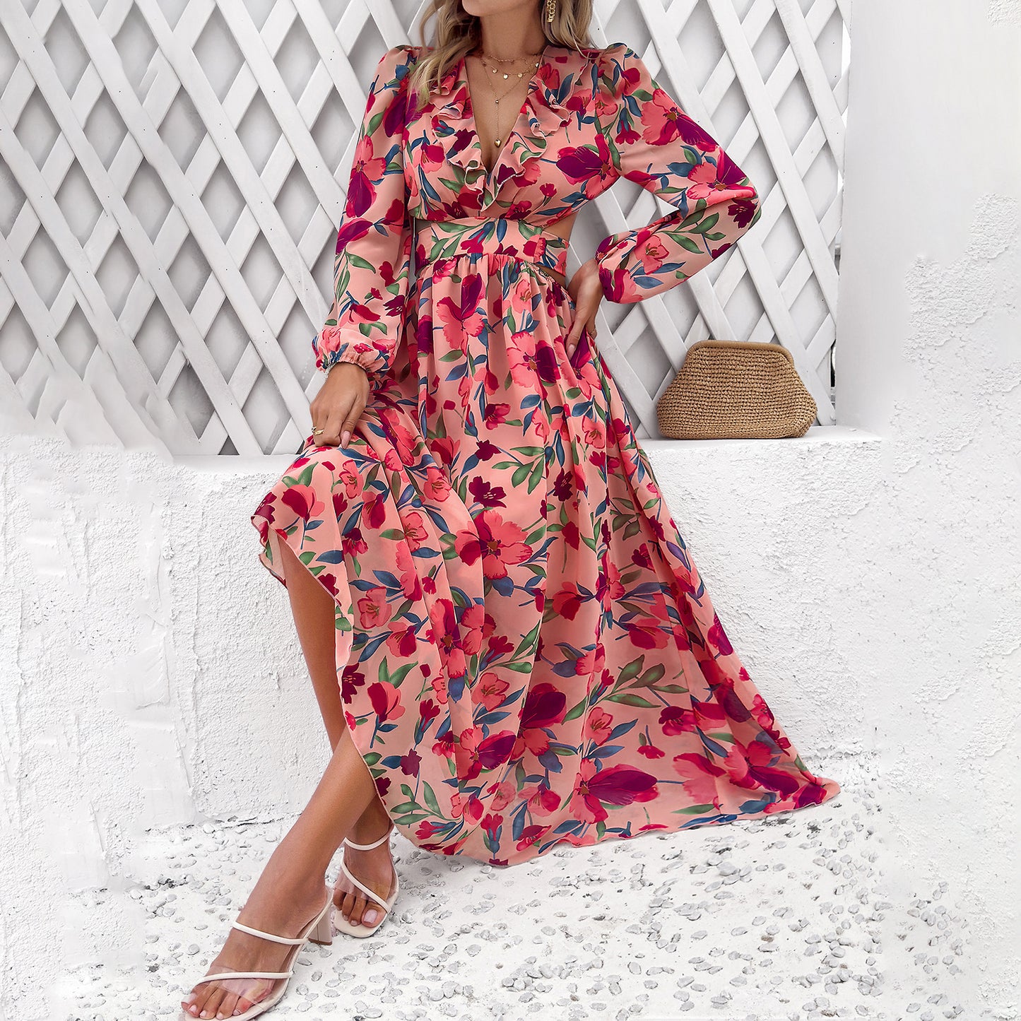 Vestido de manga larga con estampado floral a la moda, informal, para vacaciones, con cintura ajustada y escote en V, ropa para mujer