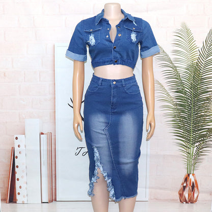 Denim Women's Wear Fashion Frosted Garment Wash Denim Skirt Suit