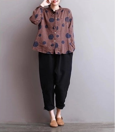 Casual Polka Dot Print Stand Collar Loose Women Blouses