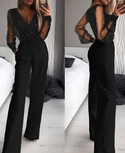 Trendy Shiny Mesh Dusting Powder Stitching High-end Elegant Jumpsuit