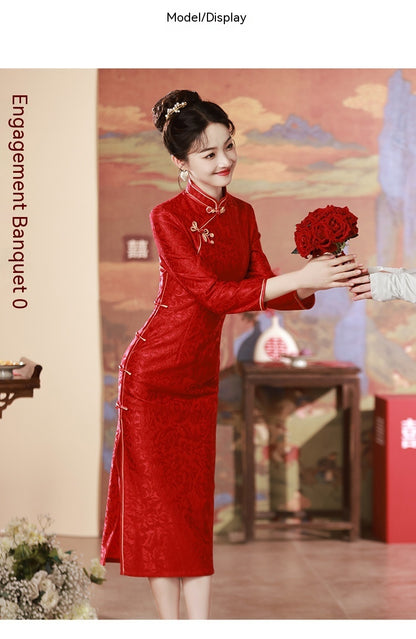 Three Composite Red Bridal Toast Dress Long Slim-fit Annual Meeting Cheongsam