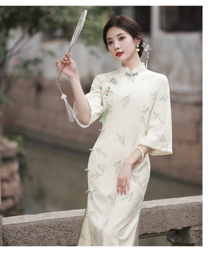 Apricot Lace Embroidery Bell Sleeve Dress Cheongsam