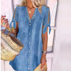 Cardigan-Denim-Kleid mit ausgehöhlten Trägern und Ärmeln