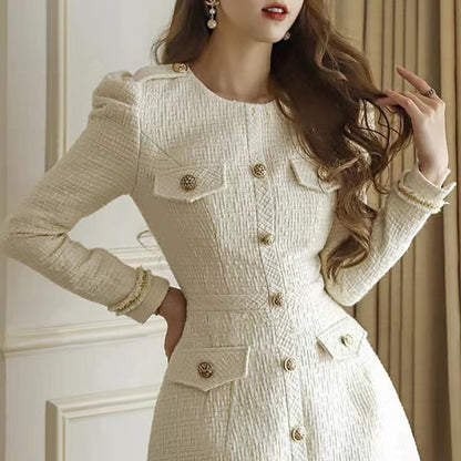 Classic Style Round Neck Chic Button Socialite Tweed Dress