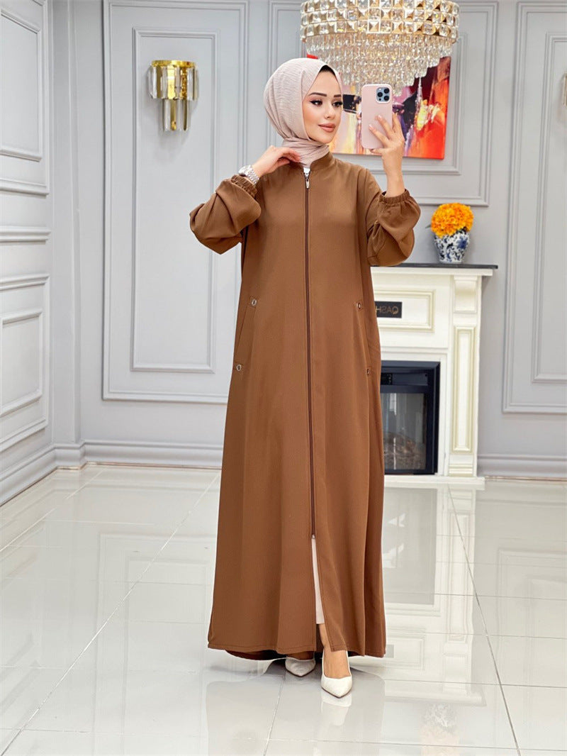 Modisches Damen-Kleid mit Stehkragen, Reißverschlusstasche, lockeres Freizeitkleid