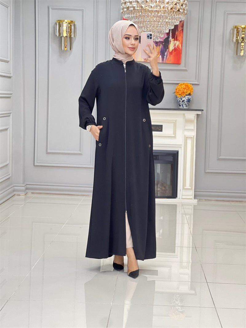 Modisches Damen-Kleid mit Stehkragen, Reißverschlusstasche, lockeres Freizeitkleid