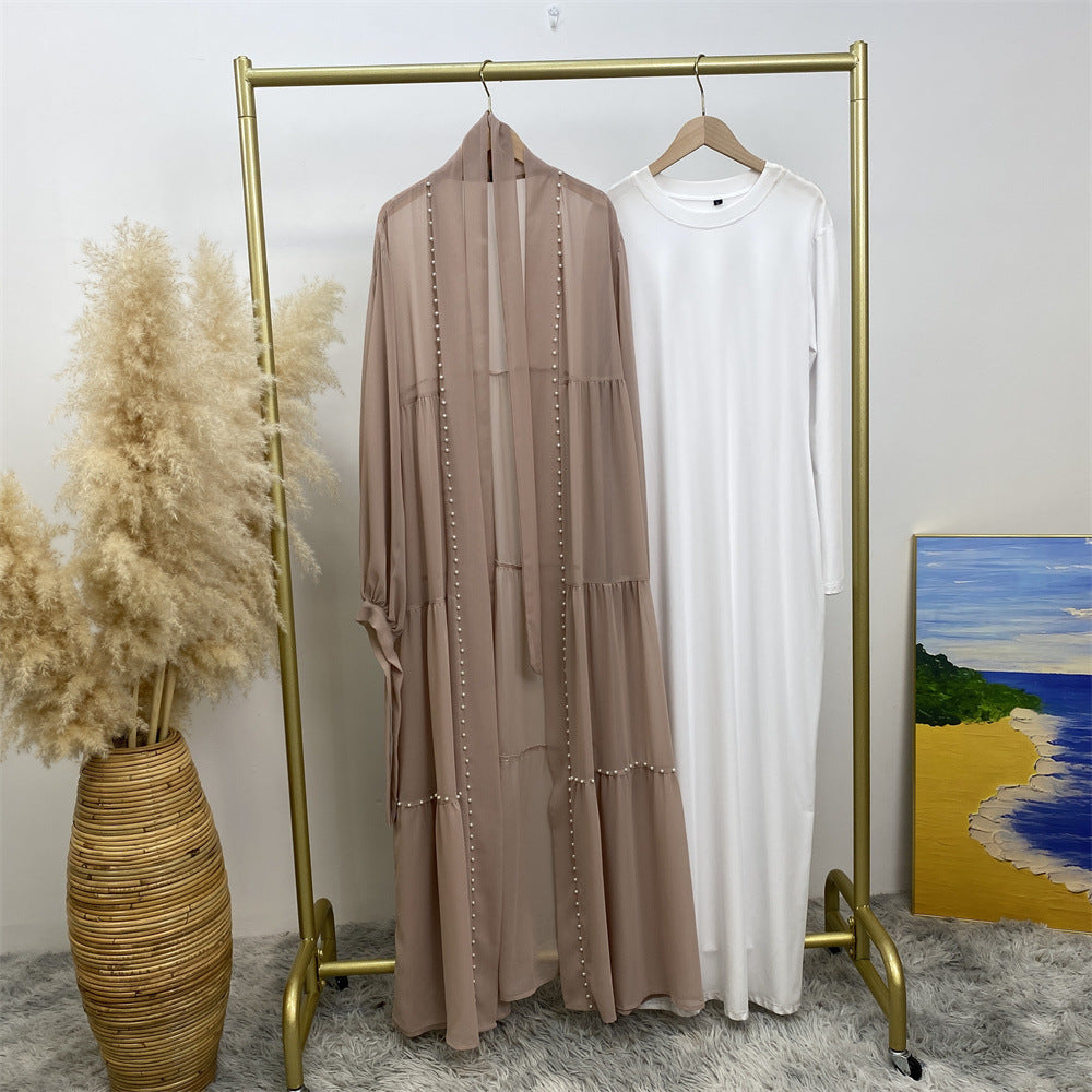 Eleganter, einfarbiger, mit Perlen besetzter, muslimischer Chiffon-Cardigan mit Schnürung