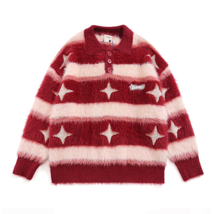 American-style Vintage Fleece-lined Striped XINGX Lapel Sweater