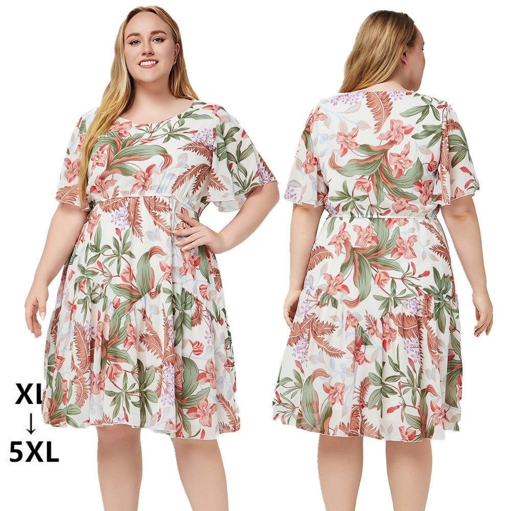 Women's Short Sleeve Printed Chiffon Dress