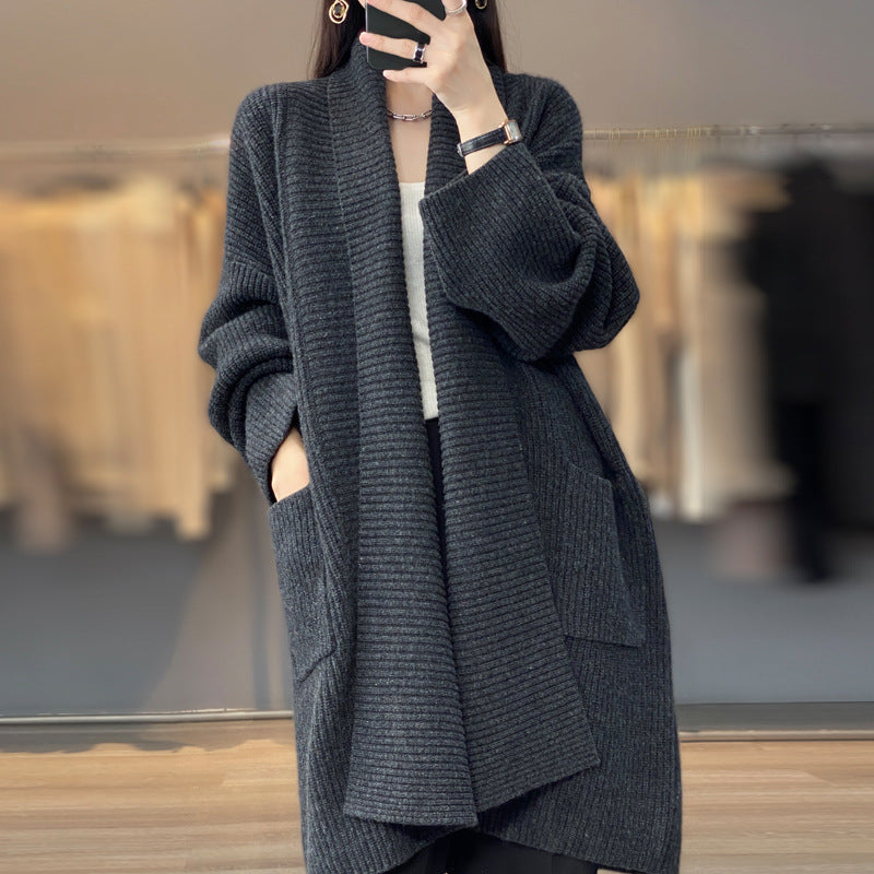 Women's Fashion Temperament Lapel Thickening Solid Color Sweater Coat