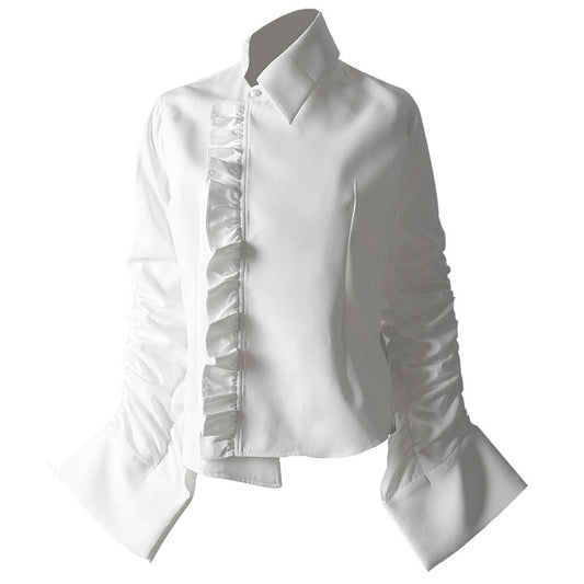 Camisa blanca con nuevo diseño de primavera y verano de European Station Camisa plisada asimétrica para mujeres de minorías individuales 1075