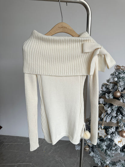 Women's One Shoulder Bow Knit Sweater