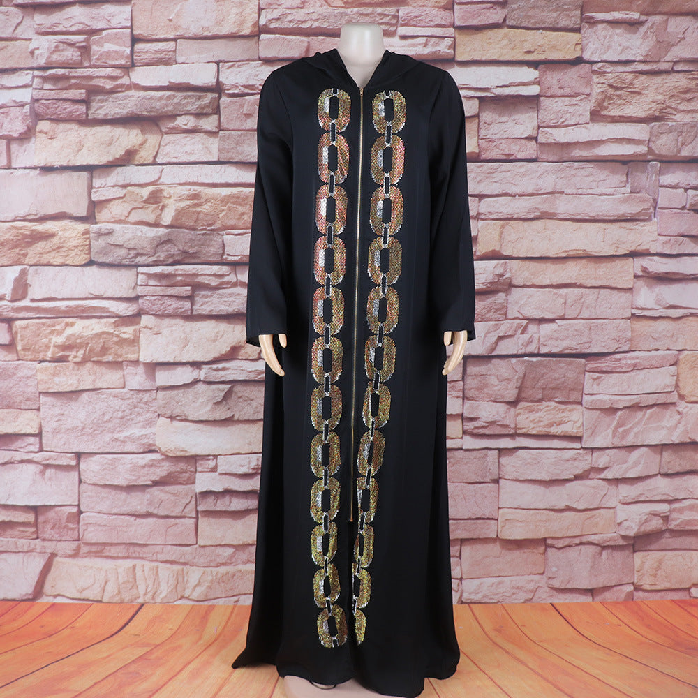 Women's Fashion Robe Rhinestone Hooded Long-sleeve Zipper