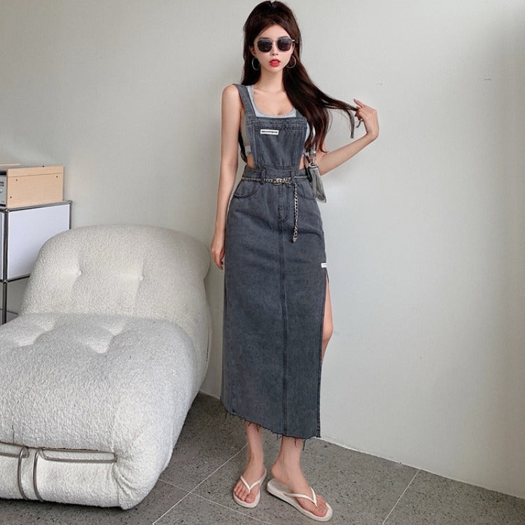 Trendy Label Strap Split Retro Hong Kong Style Raw Edge Denim Skirt