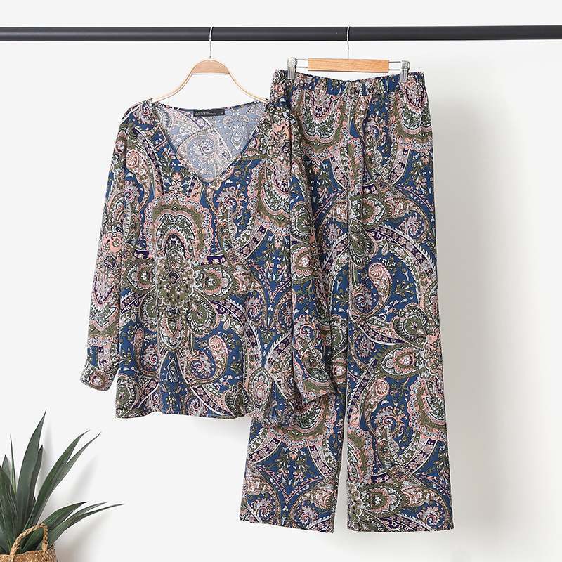 Women's Fashion Floral V-Neck Top Casual Pants Set