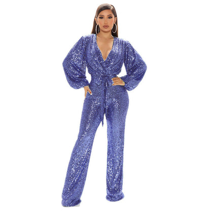 Jumpsuit mit tiefem V-Ausschnitt und langen Ärmeln für Damen mit Pailletten