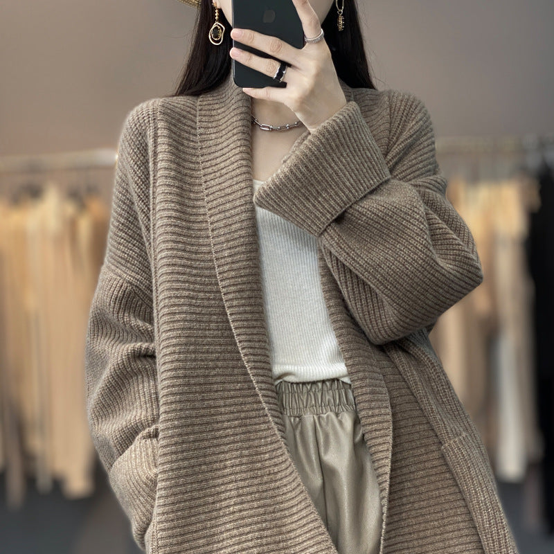 Women's Fashion Temperament Lapel Thickening Solid Color Sweater Coat