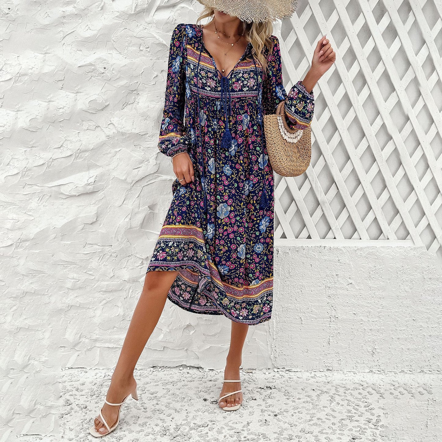 Women's Holiday Floral Print Long Sleeve Dress