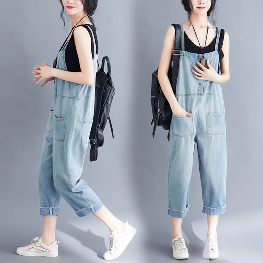 Lockerer Jumpsuit in großer Größe für Damen, verkürzter Denim-Overall