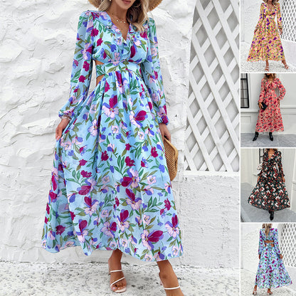 Vestido de manga larga con estampado floral a la moda, informal, para vacaciones, con cintura ajustada y escote en V, ropa para mujer