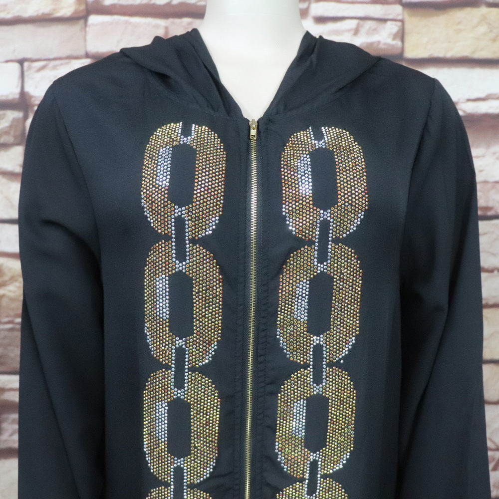 Women's Fashion Robe Rhinestone Hooded Long-sleeve Zipper