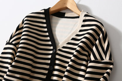 V-neck Horizontal Stripes Hit Color Casual Jacket Women