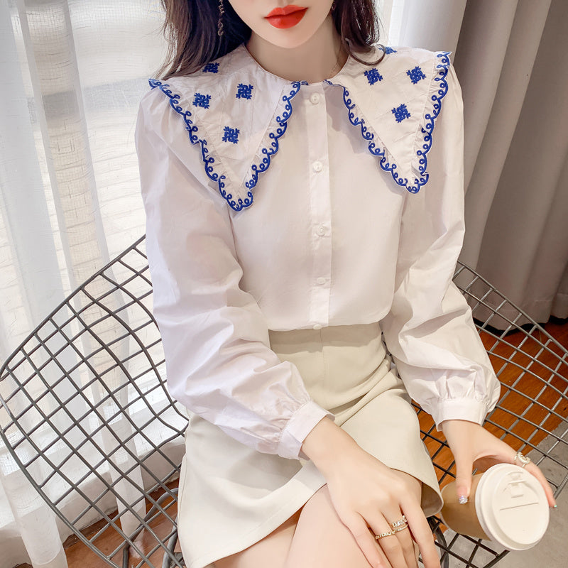 Contrasting Color Doll Collar Shirt Women Autumn And Winter