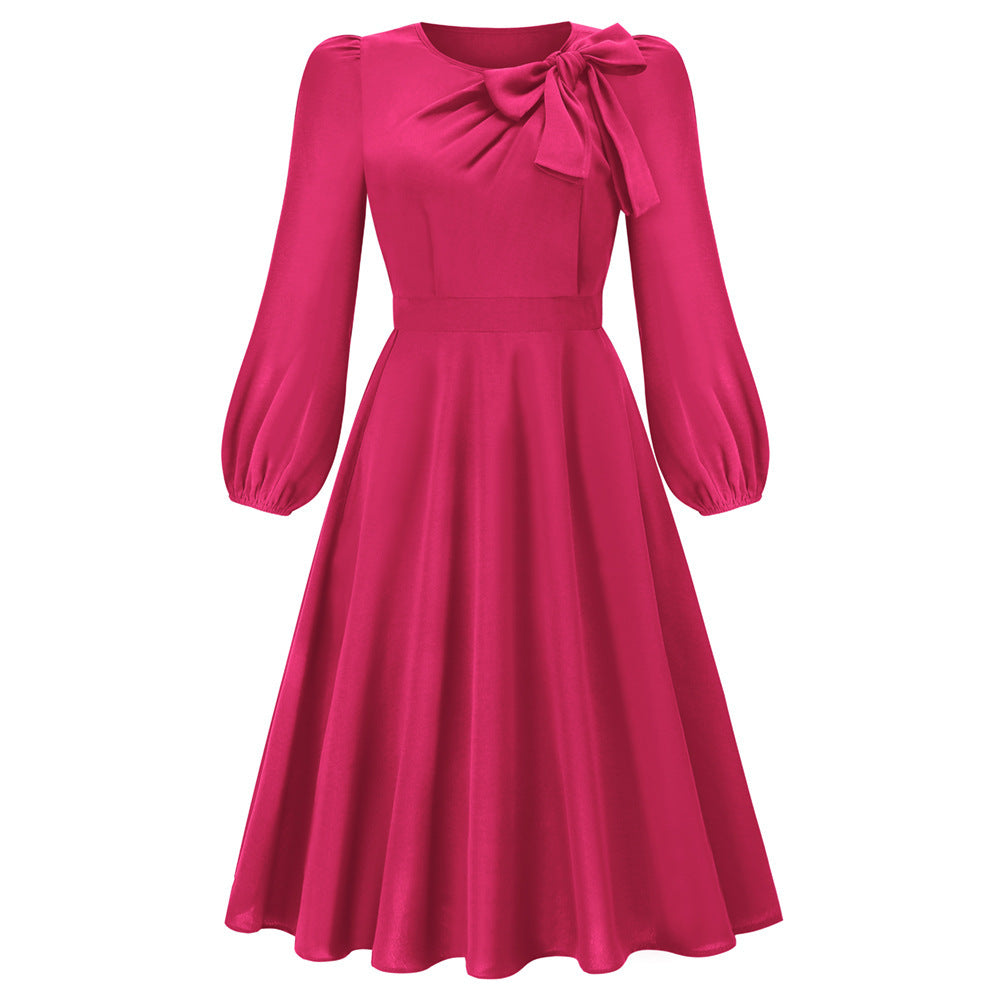 Herbst und Winter Langarm Rundhals Bowknot Kleid