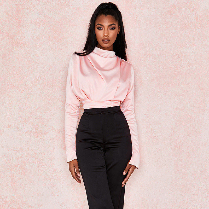 Turtleneck draped black office ladies shirt