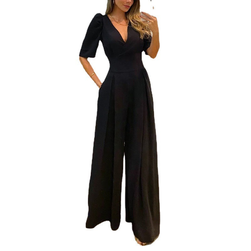 Women's Fashion Temperament Leisure V-neck Lace-up High Waist Puff Short Sleeve Jumpsuit