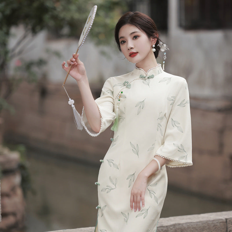 Apricot Lace Embroidery Bell Sleeve Dress Cheongsam