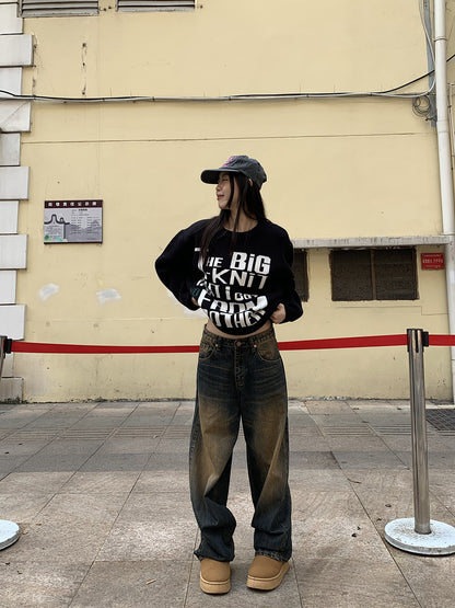 Lockerer Lazy Sweater im amerikanischen Stil mit Buchstabenmuster und langen Ärmeln, gestricktes Oberteil für Damen