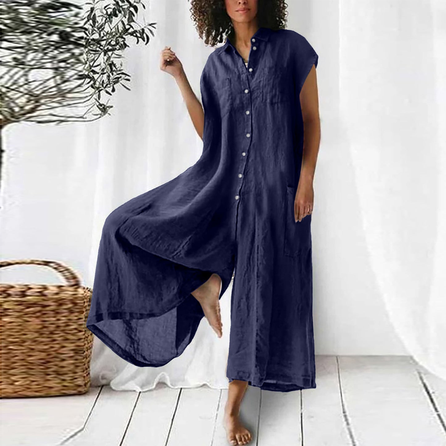 Lässiger, langärmliger Jumpsuit in Volltonfarbe für Damen