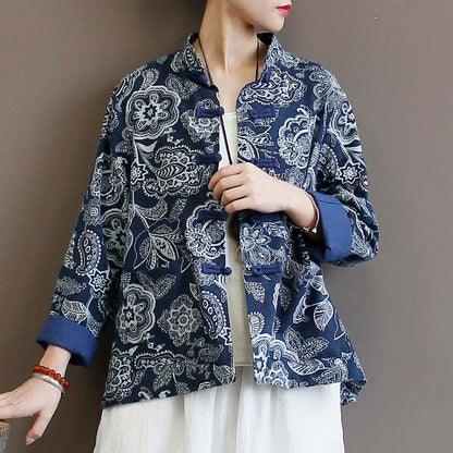 Cotton And Linen Jacket Women's Ethnic Blue Calico Cardigan