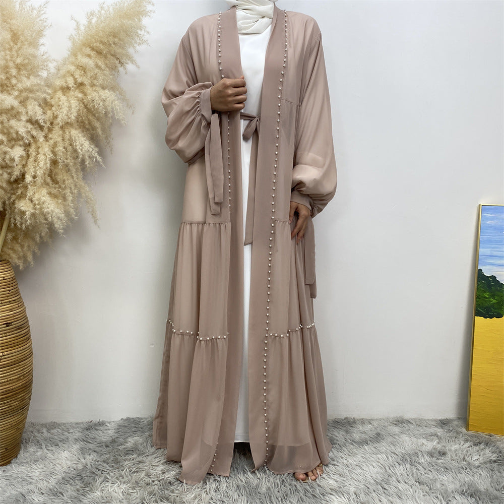 Eleganter, einfarbiger, mit Perlen besetzter, muslimischer Chiffon-Cardigan mit Schnürung