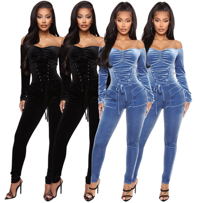 Velvet Off-shoulder Corns Tied Slim Fit Jumpsuit